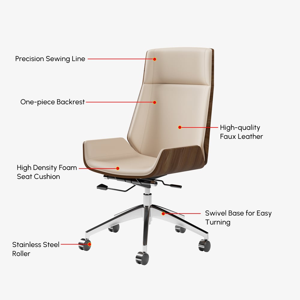 Khaki Faux Leather Office Chair Desk Chair with Wheels & Adjustable Height window image