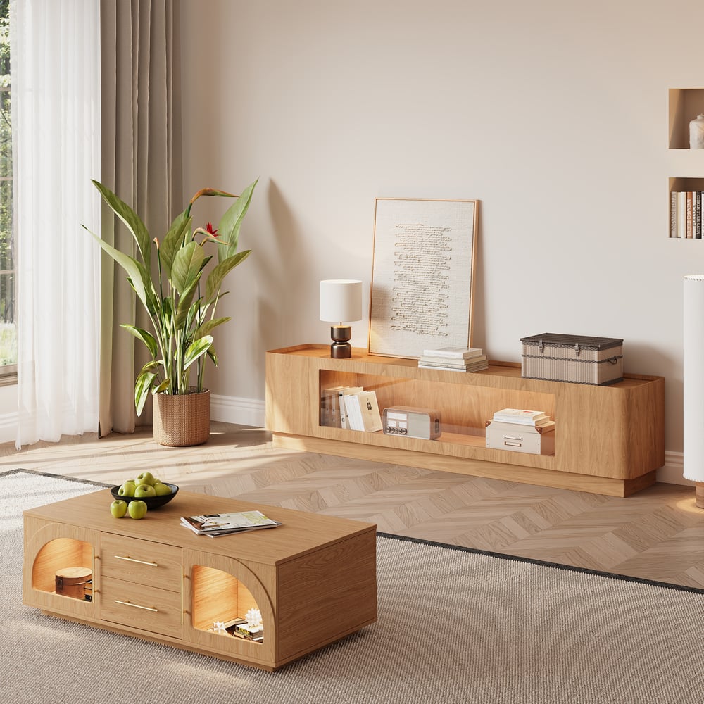 79" Natural Glass Door TV Stand with Storage and LED window image