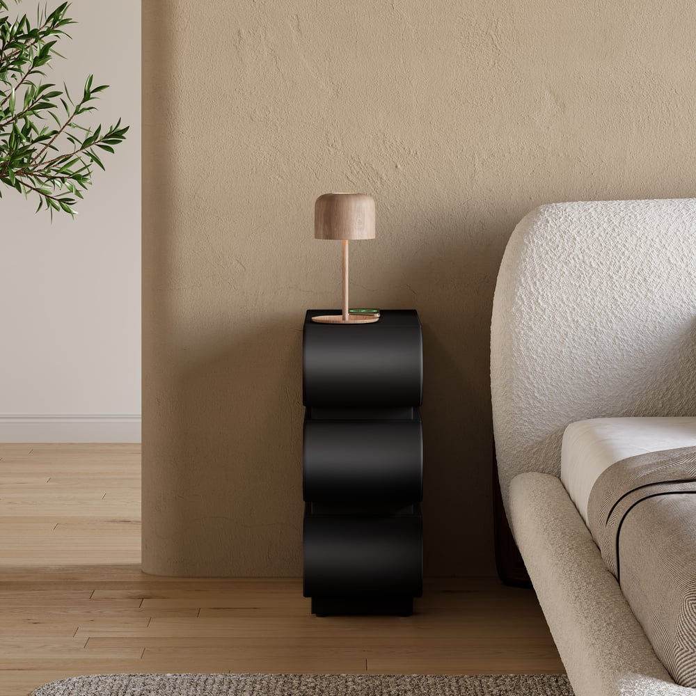 Wąska skórzana inteligentna szafka nocna z 3 szufladami obraz okna