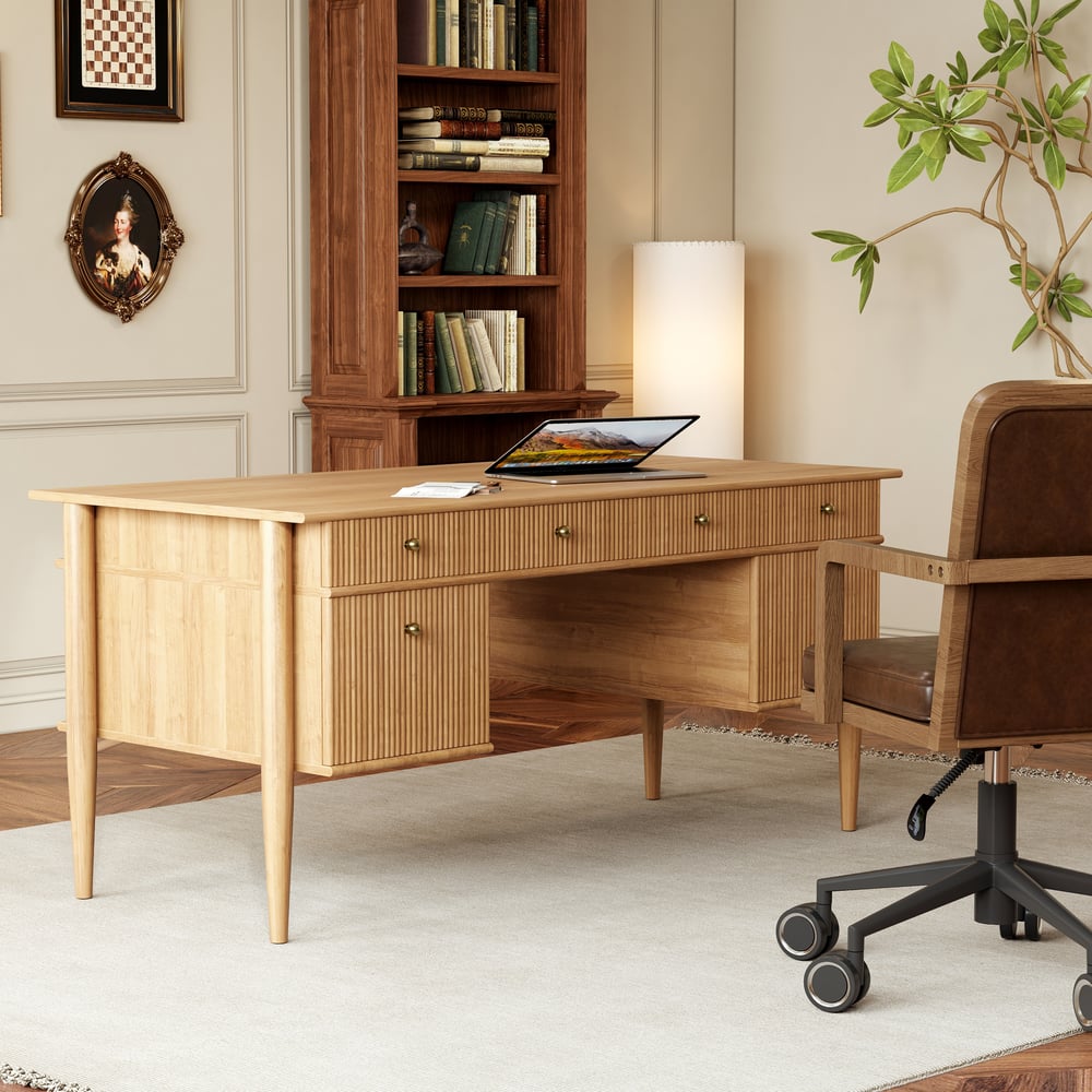 Mesa de escritório doméstico de madeira natural em estilo de meados do século de 1625 mm com 6 gavetas Imagem da janela