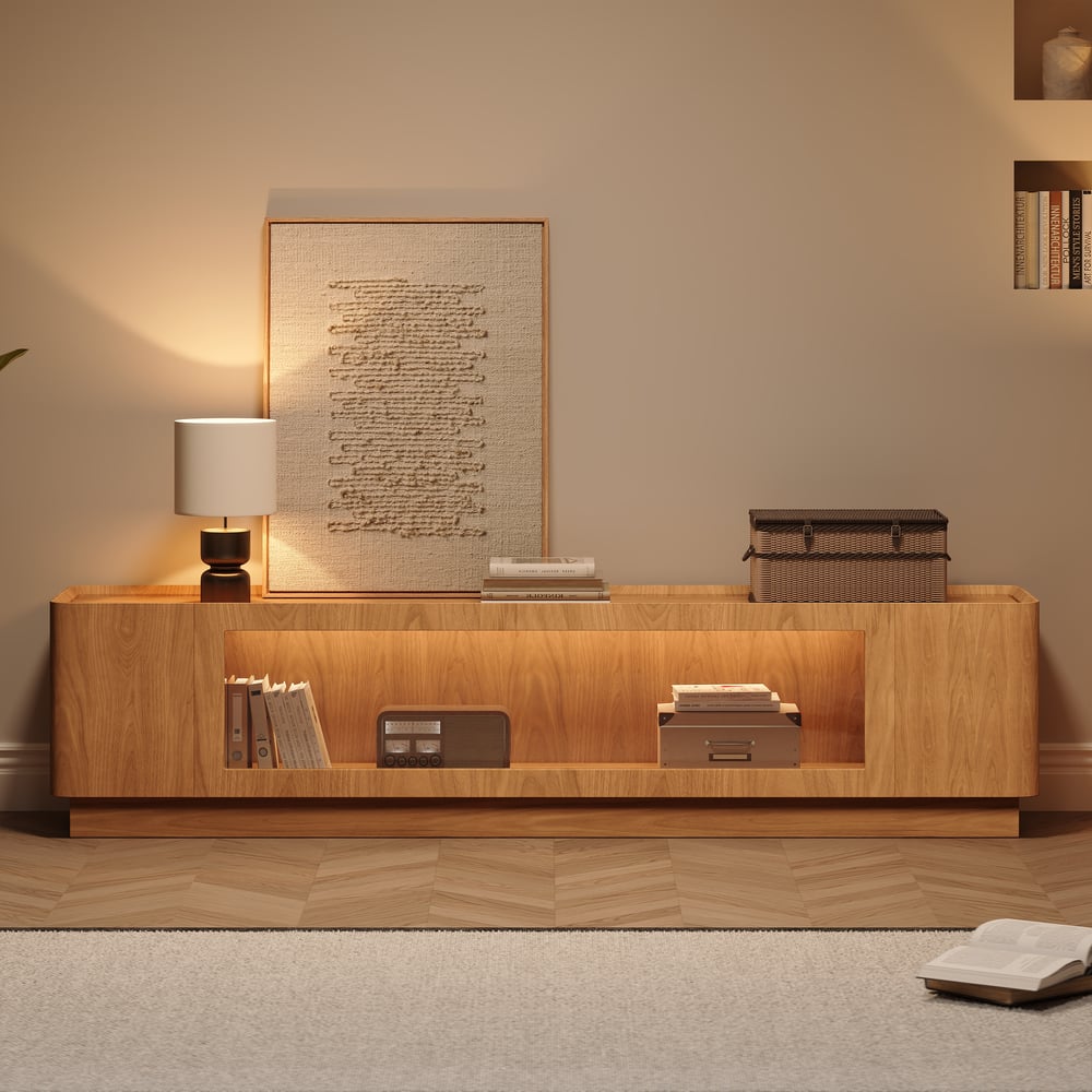 79" Natural Glass Door TV Stand with Storage and LED window image