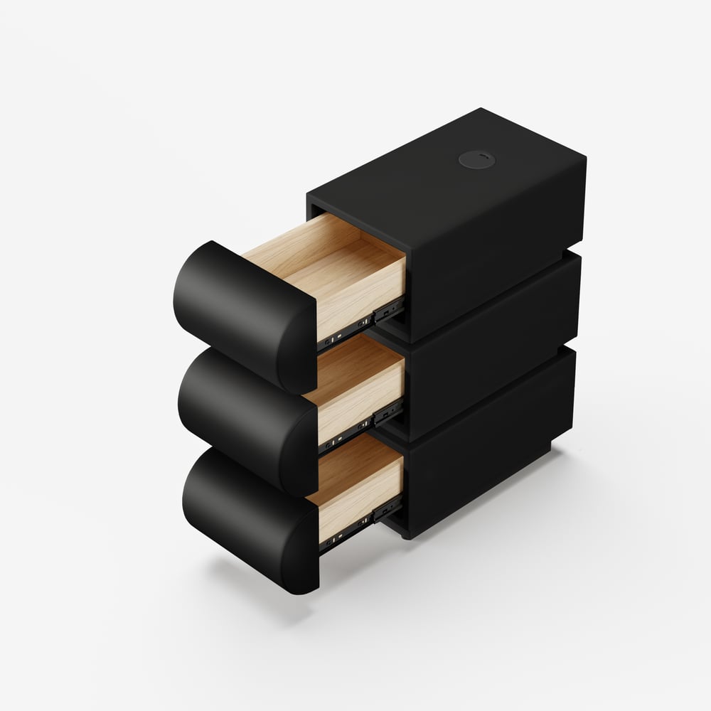 Wąska skórzana inteligentna szafka nocna z 3 szufladami obraz okna