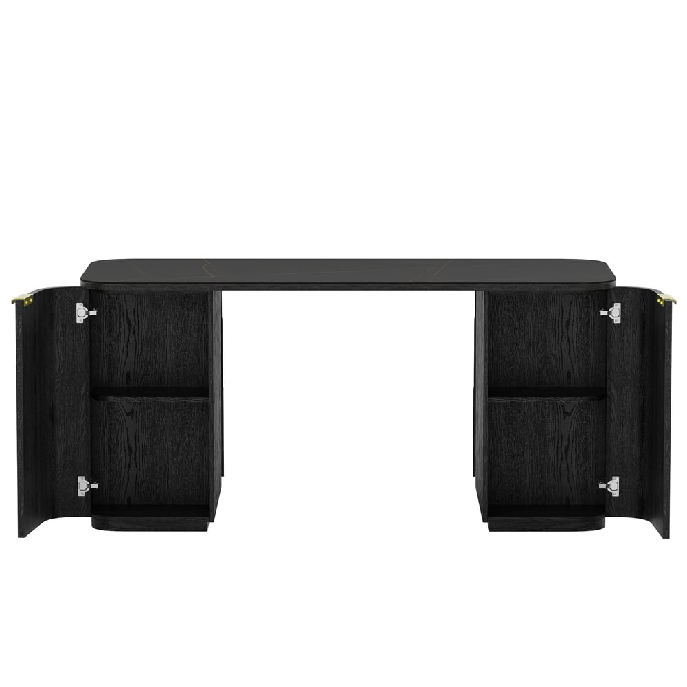 Bureau rectangulaire moderne en bois noir et pierre frittée noire mate avec 6 tiroirs (1620 mm) image de fenêtre