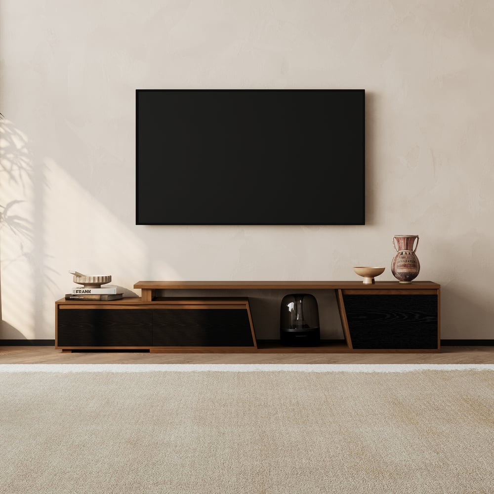 Fero Black & WalnutReversible Extendable TV Stand with 3 Drawers(71"-120") window image