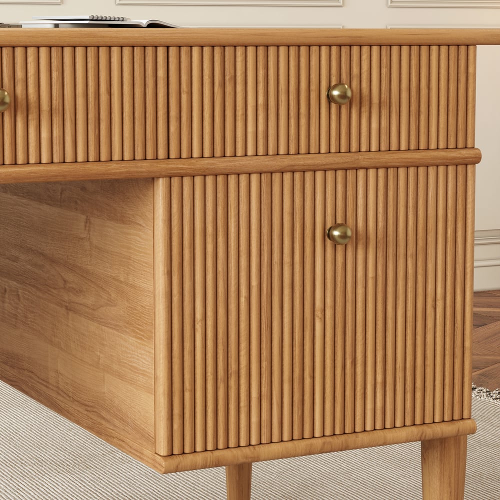 Mesa de escritório doméstico de madeira natural em estilo de meados do século de 1625 mm com 6 gavetas Imagem da janela