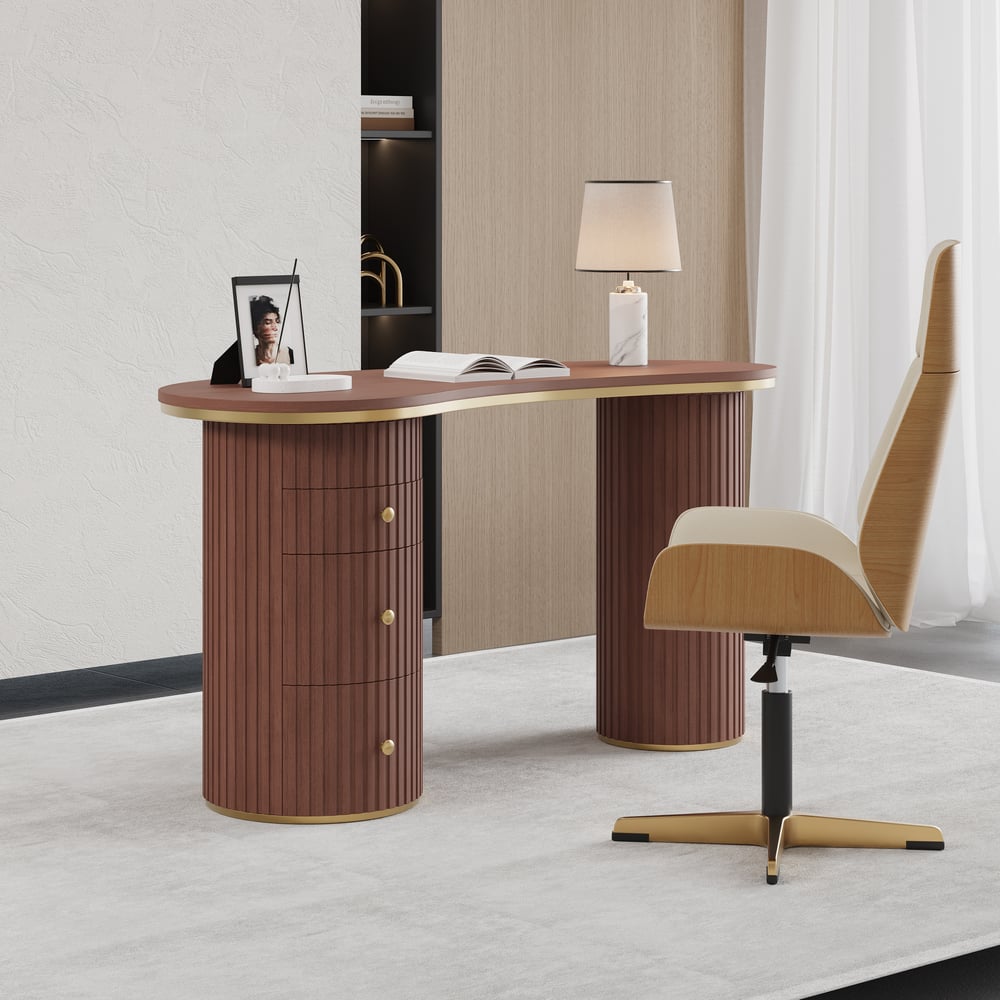 Bureau incurvé moderne en noyer de 1400 mm, 3 tiroirs, bureau à domicile en bois, double piédestal image de fenêtre