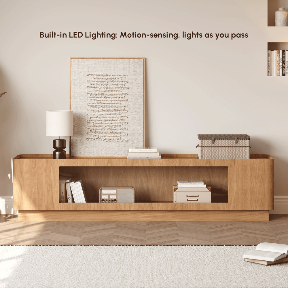 79" Natural Glass Door TV Stand with Storage and LED window image