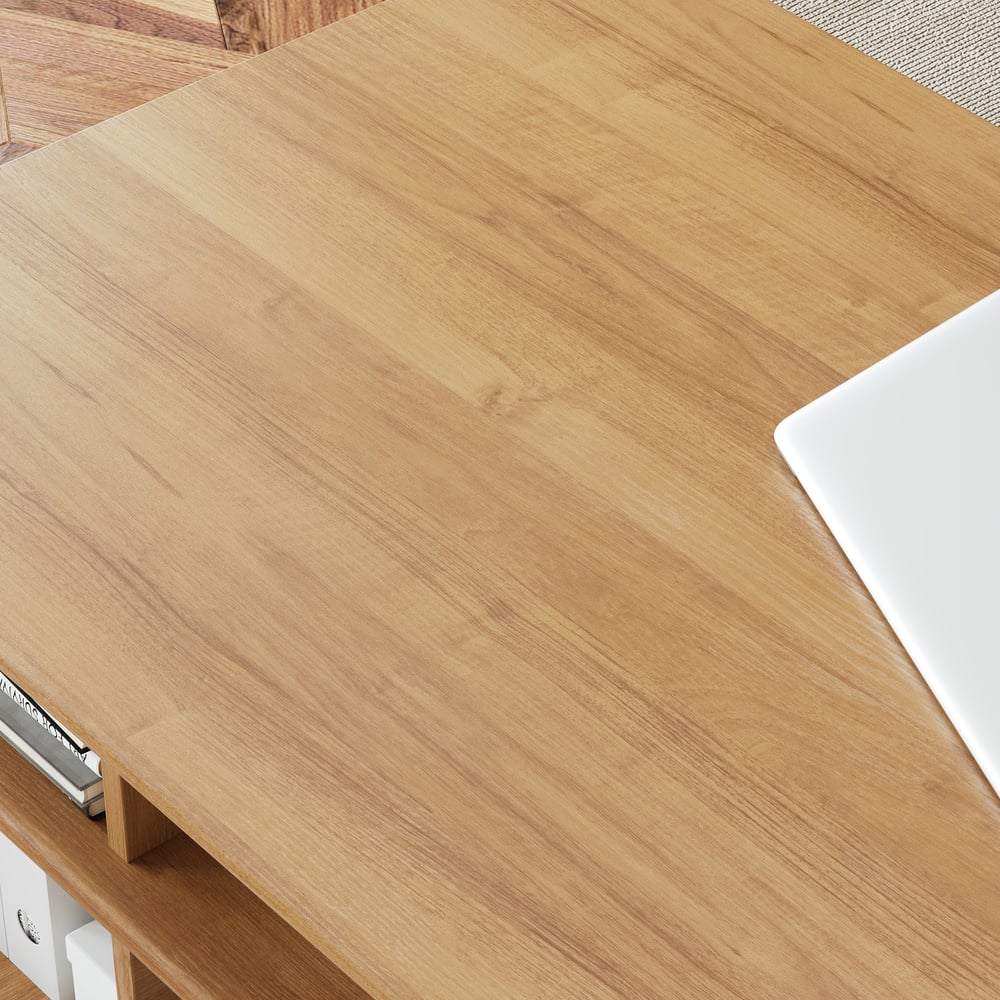 Mesa de escritório doméstico de madeira natural em estilo de meados do século de 1625 mm com 6 gavetas Imagem da janela