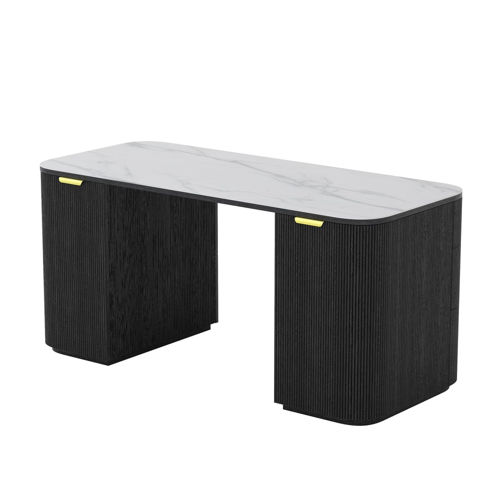 Moderner rechteckiger Schreibtisch aus schwarzem Holz und glänzendem weißem Sinterstein mit 6 Schubladen (1620 mm) Schaufensterbilder