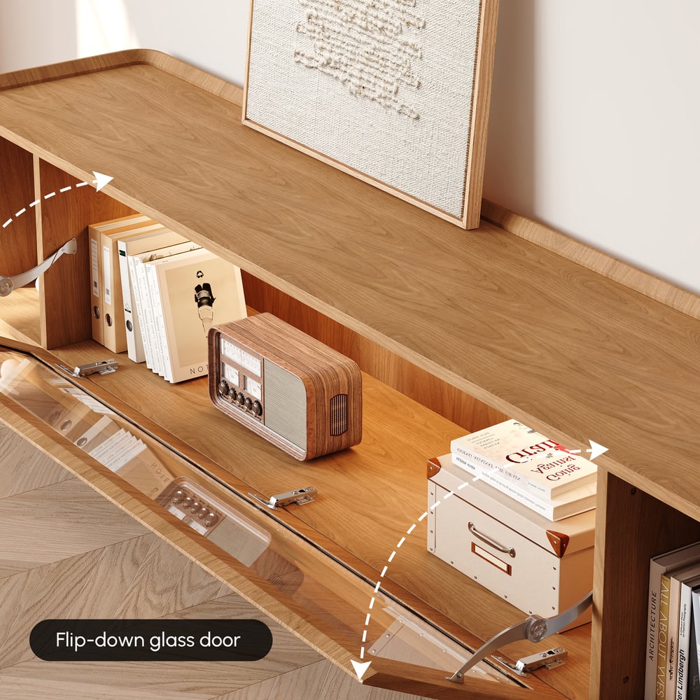 79" Natural Glass Door TV Stand with Storage and LED window image