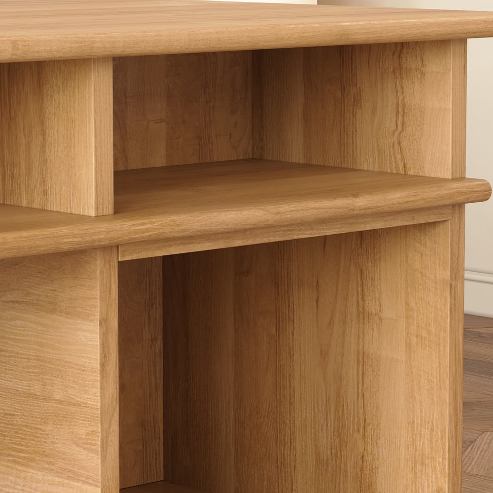 Mesa de escritório doméstico de madeira natural em estilo de meados do século de 1625 mm com 6 gavetas Imagem da janela