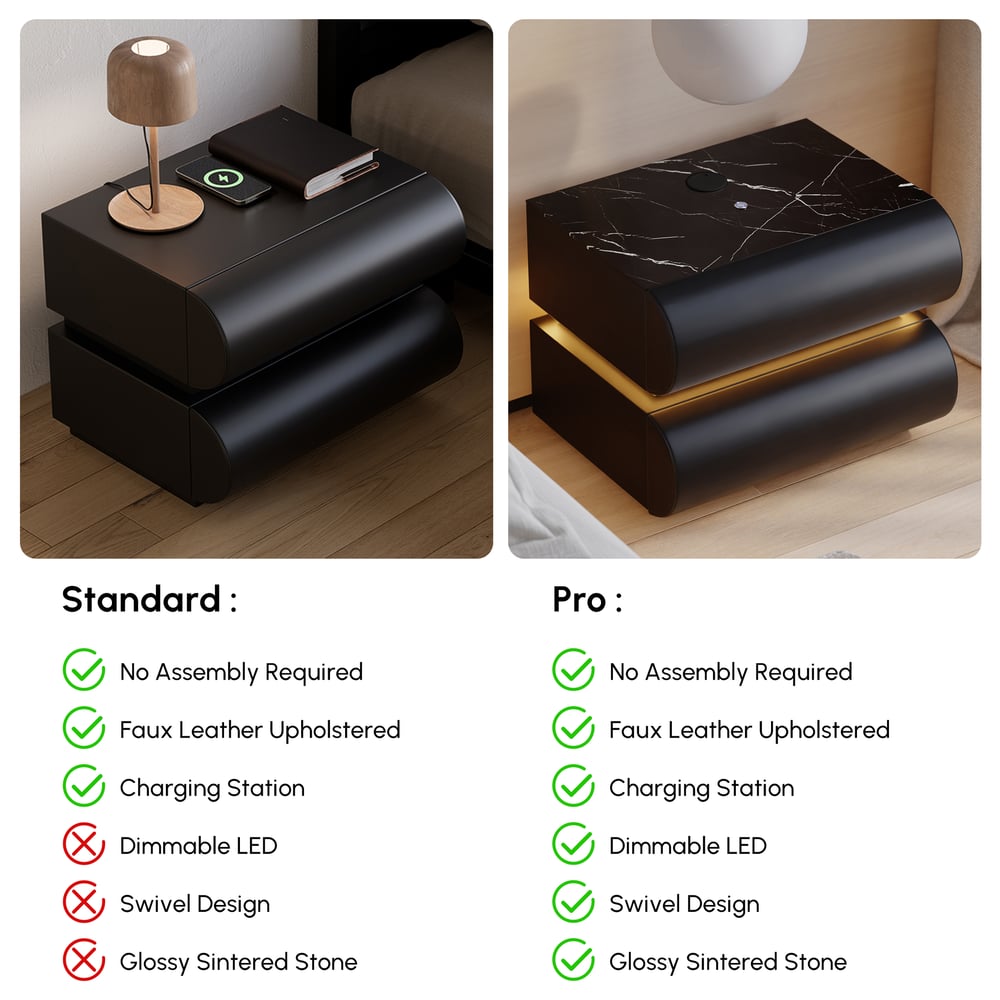 Humply Leather 2-Drawer Smart LED Nightstand with Sintered Stone Top window image