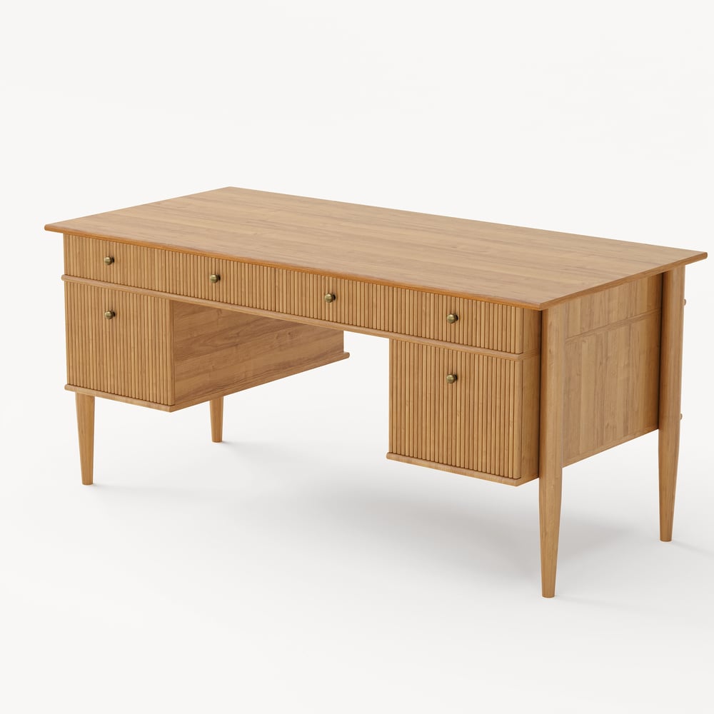 Mesa de escritório doméstico de madeira natural em estilo de meados do século de 1625 mm com 6 gavetas Imagem da janela