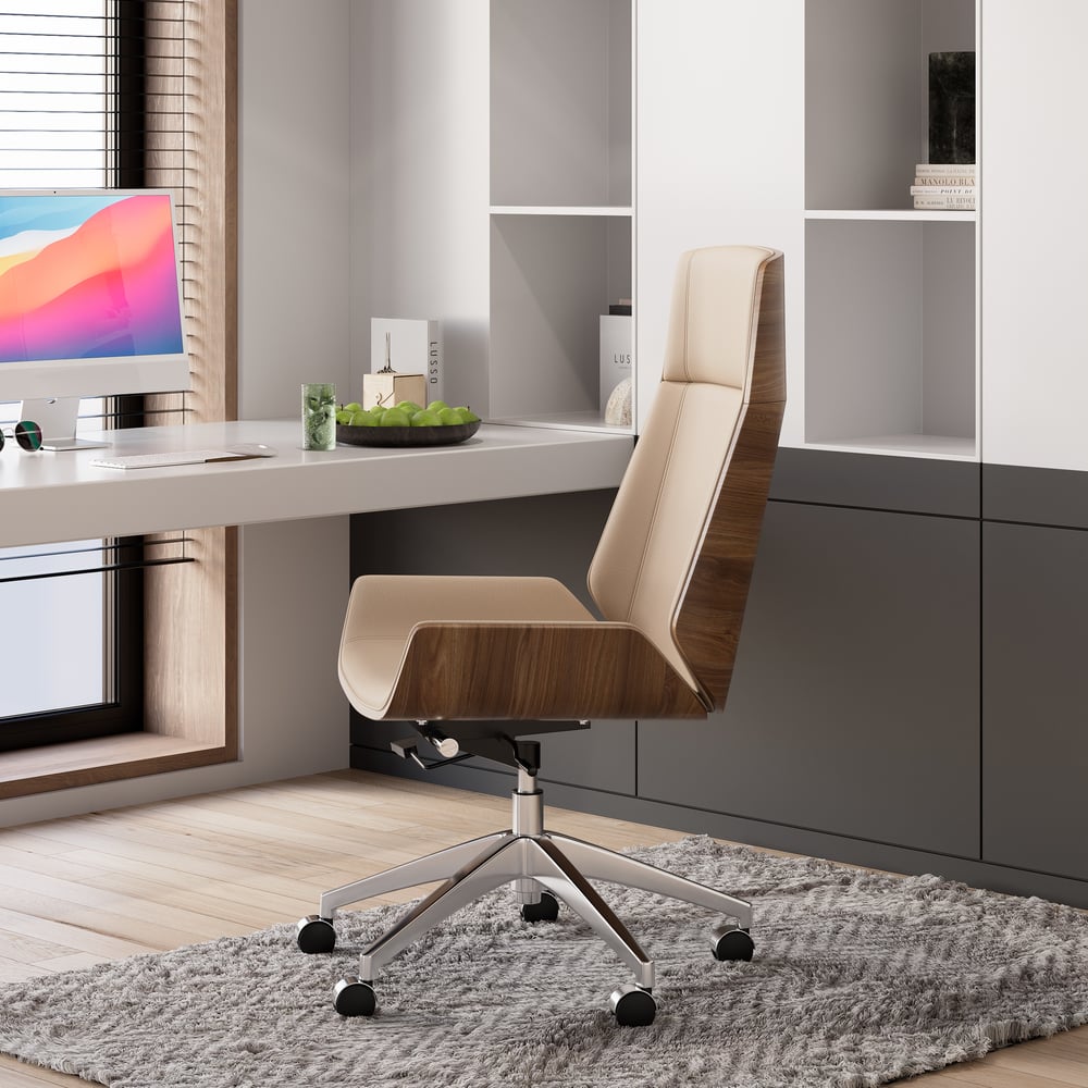 Khaki Faux Leather Office Chair Desk Chair with Wheels & Adjustable Height window image