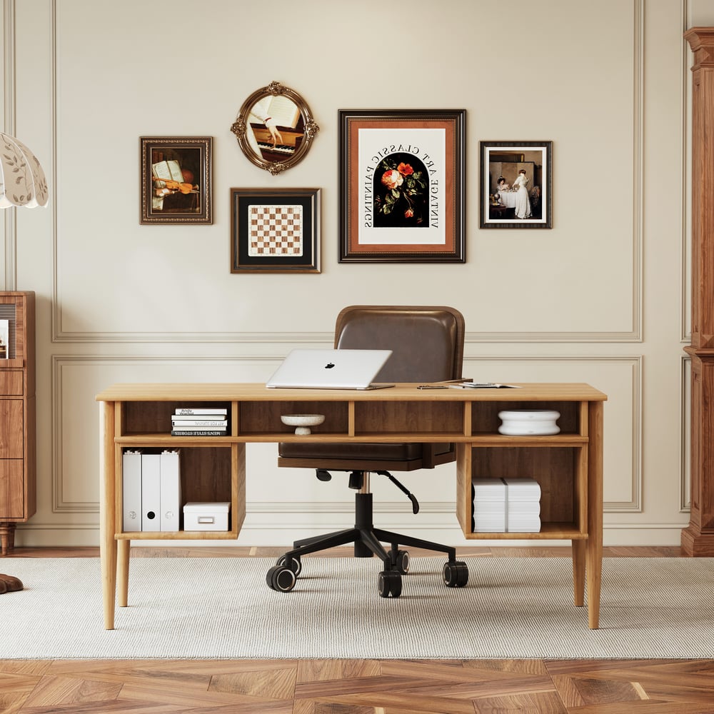 Mesa de escritório doméstico de madeira natural em estilo de meados do século de 1625 mm com 6 gavetas Imagem da janela