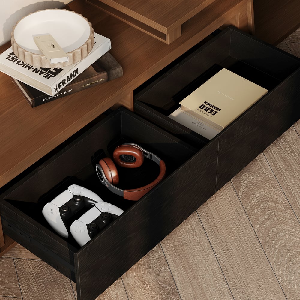 Fero Black & WalnutReversible Extendable TV Stand with 3 Drawers(71"-120") window image