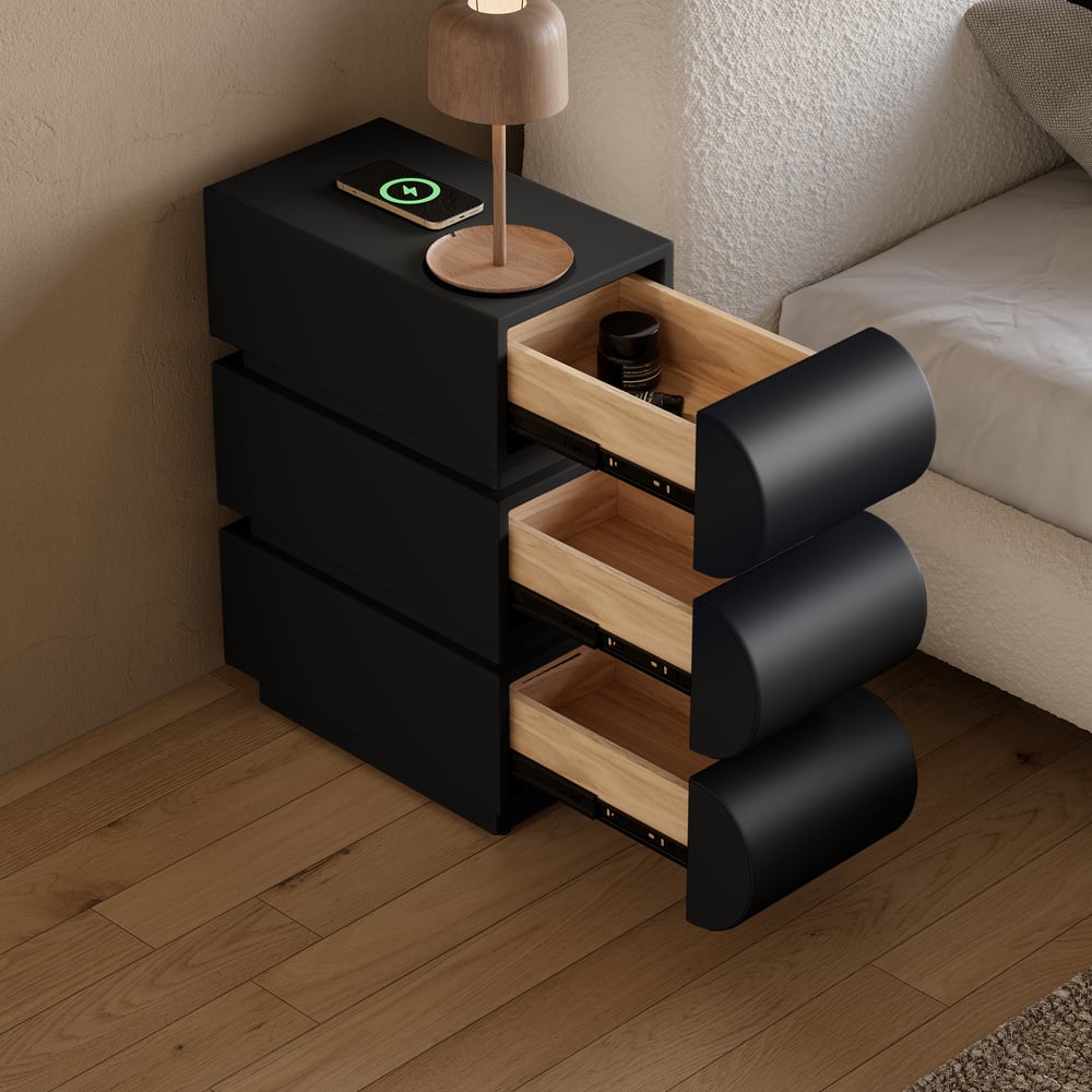 Wąska skórzana inteligentna szafka nocna z 3 szufladami obraz okna