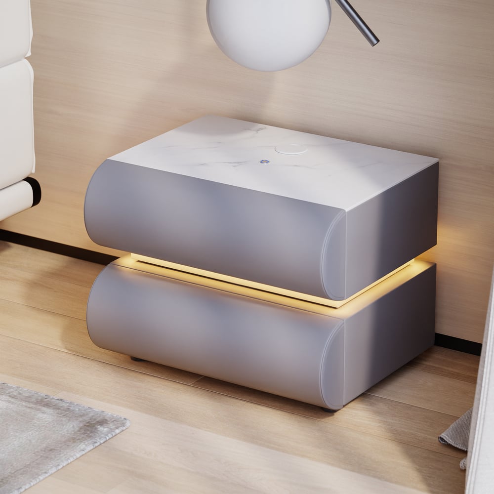 Mesa de cabeceira Humply em pele sintética com luz LED e 2 gavetas, conjunto de 2 Imagem da janela