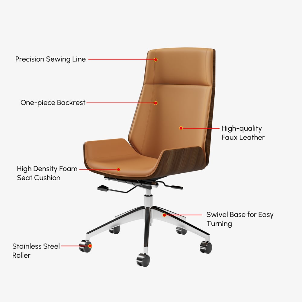 Brown Faux Leather Office Chair Desk Chair with Wheels & Adjustable Height window image