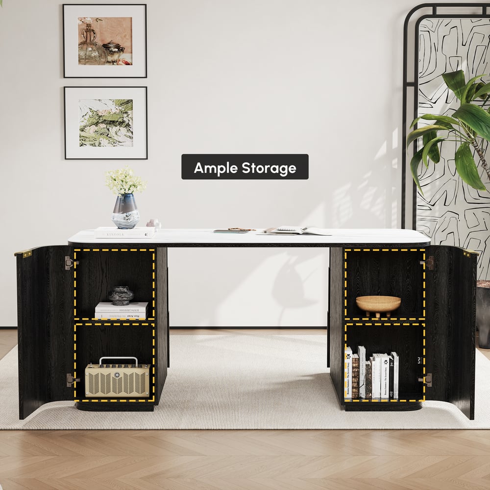 Moderner rechteckiger Schreibtisch aus schwarzem Holz und glänzendem weißem Sinterstein mit 6 Schubladen (1620 mm) Schaufensterbilder