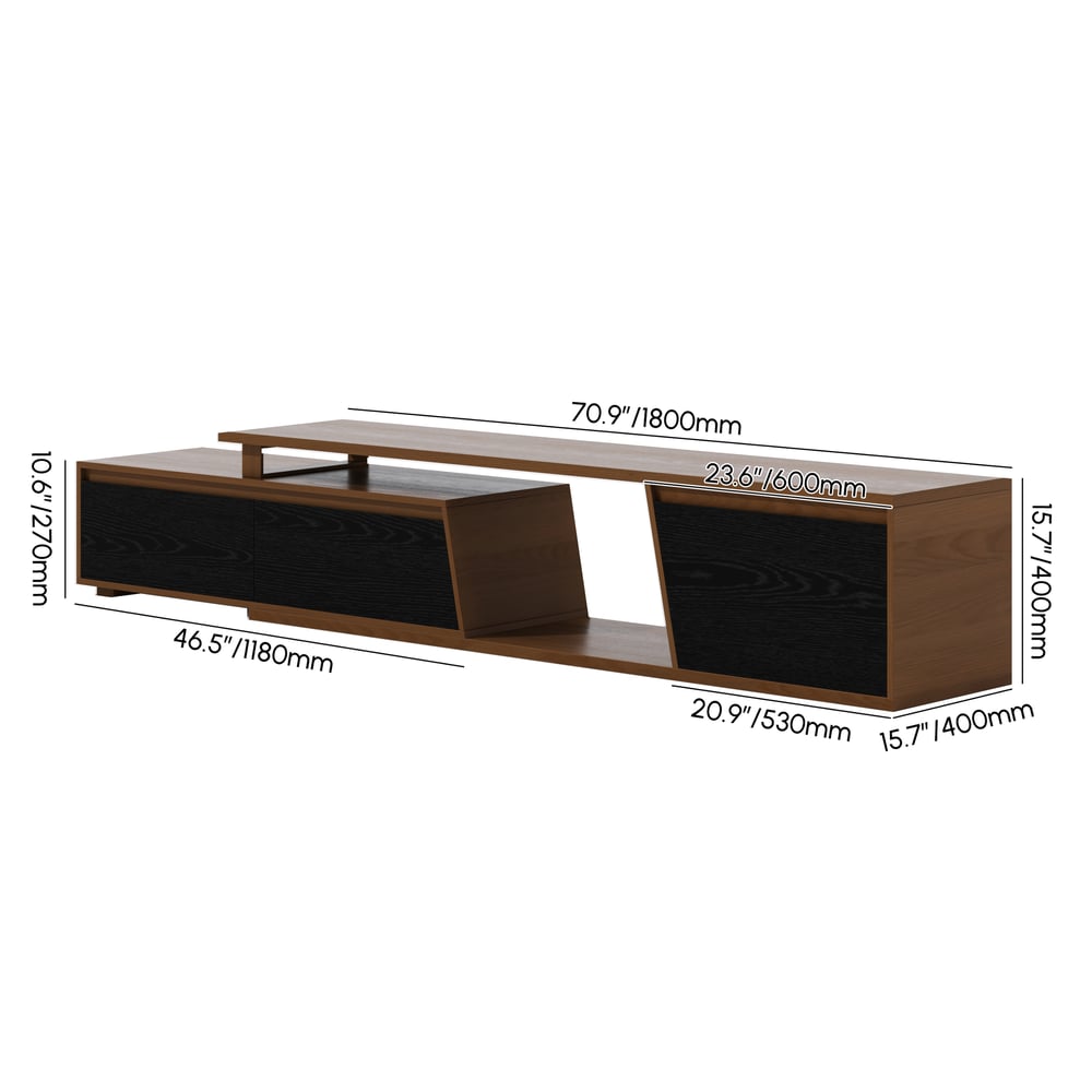 Fero Black & WalnutReversible Extendable TV Stand with 3 Drawers(71"-120") weights dimensions image