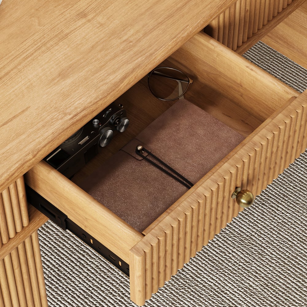 Mesa de escritório doméstico de madeira natural em estilo de meados do século de 1625 mm com 6 gavetas Imagem da janela