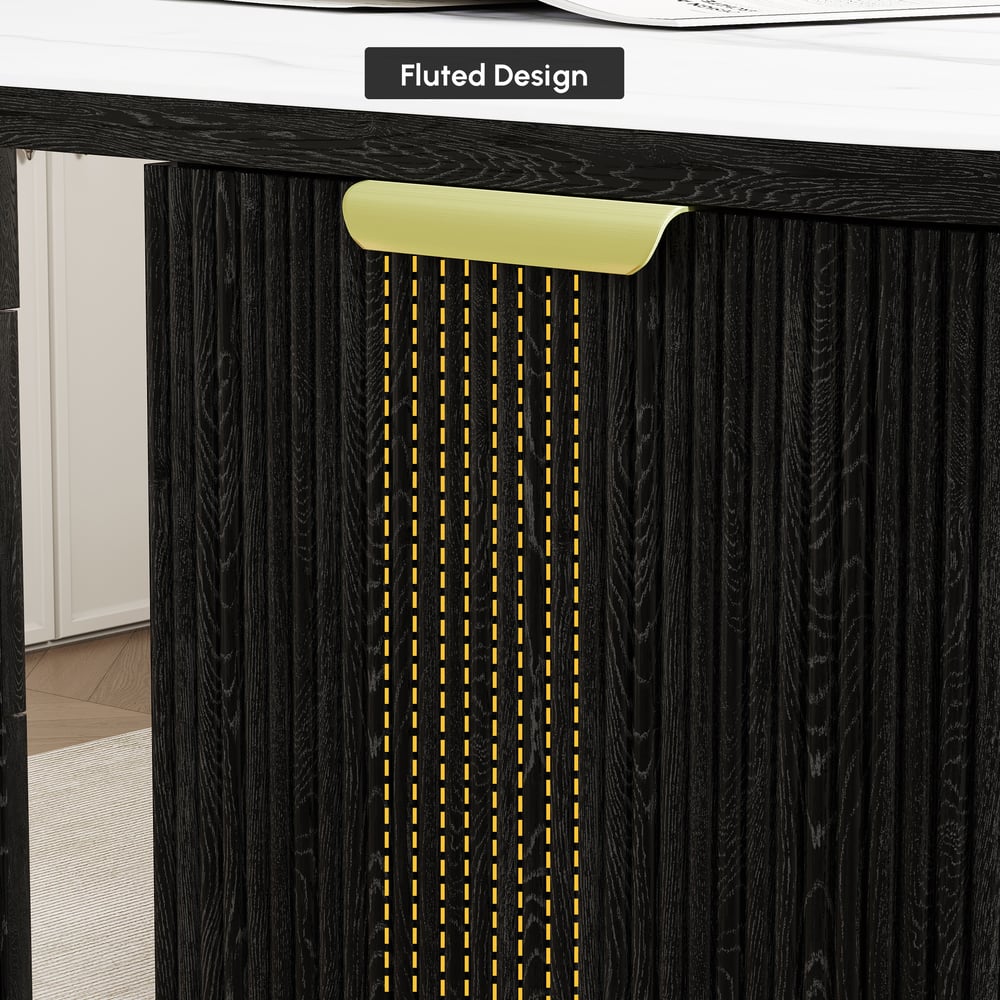 Moderner rechteckiger Schreibtisch aus schwarzem Holz und glänzendem weißem Sinterstein mit 6 Schubladen (1620 mm) Schaufensterbilder