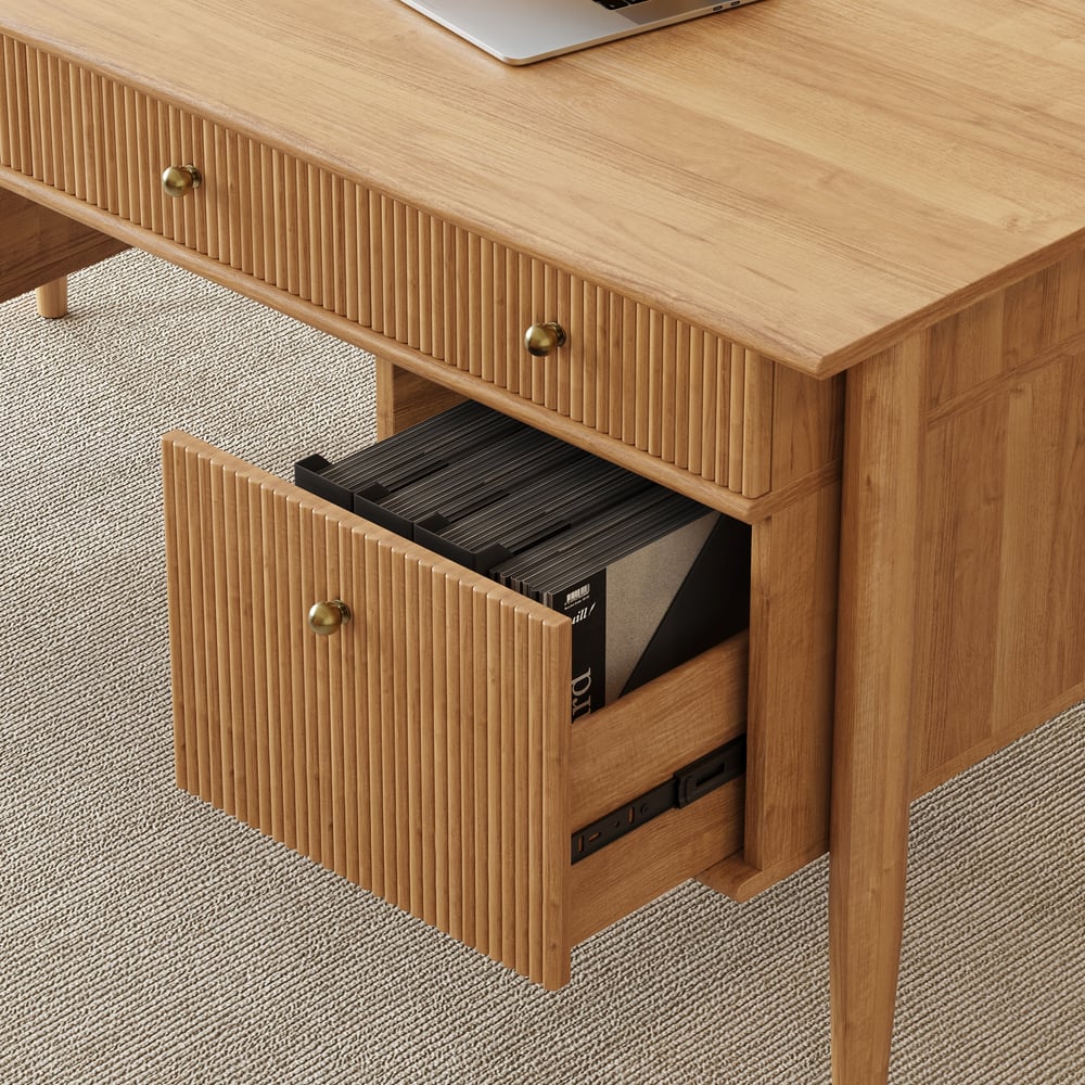 Mesa de escritório doméstico de madeira natural em estilo de meados do século de 1625 mm com 6 gavetas Imagem da janela