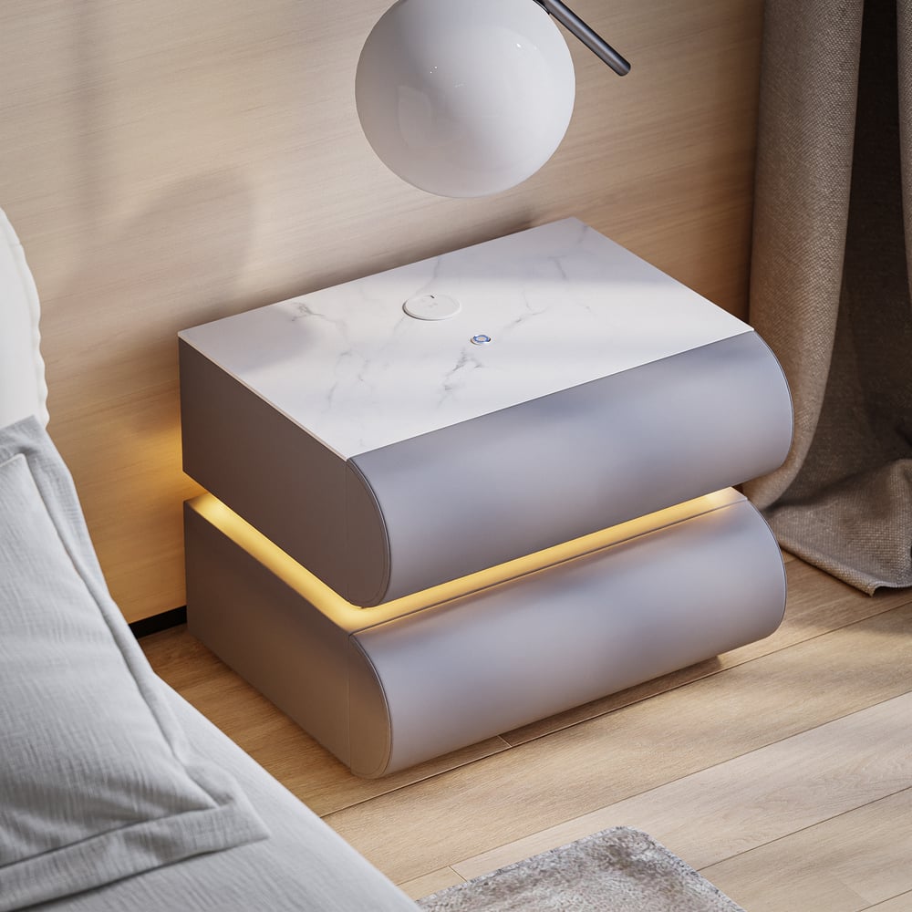 Mesa de cabeceira Humply em pele sintética com luz LED e 2 gavetas, conjunto de 2 Imagem da janela