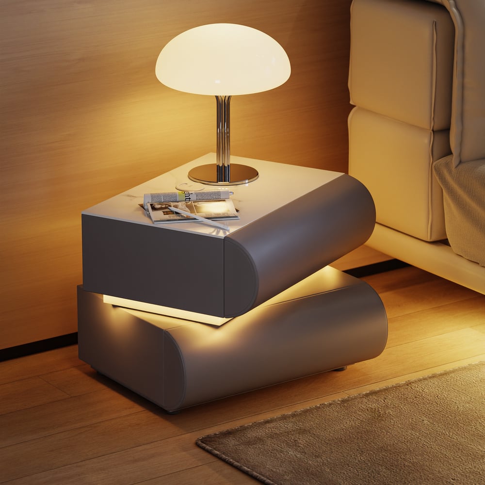 Mesa de cabeceira Humply em pele sintética com luz LED e 2 gavetas, conjunto de 2 Imagem da janela