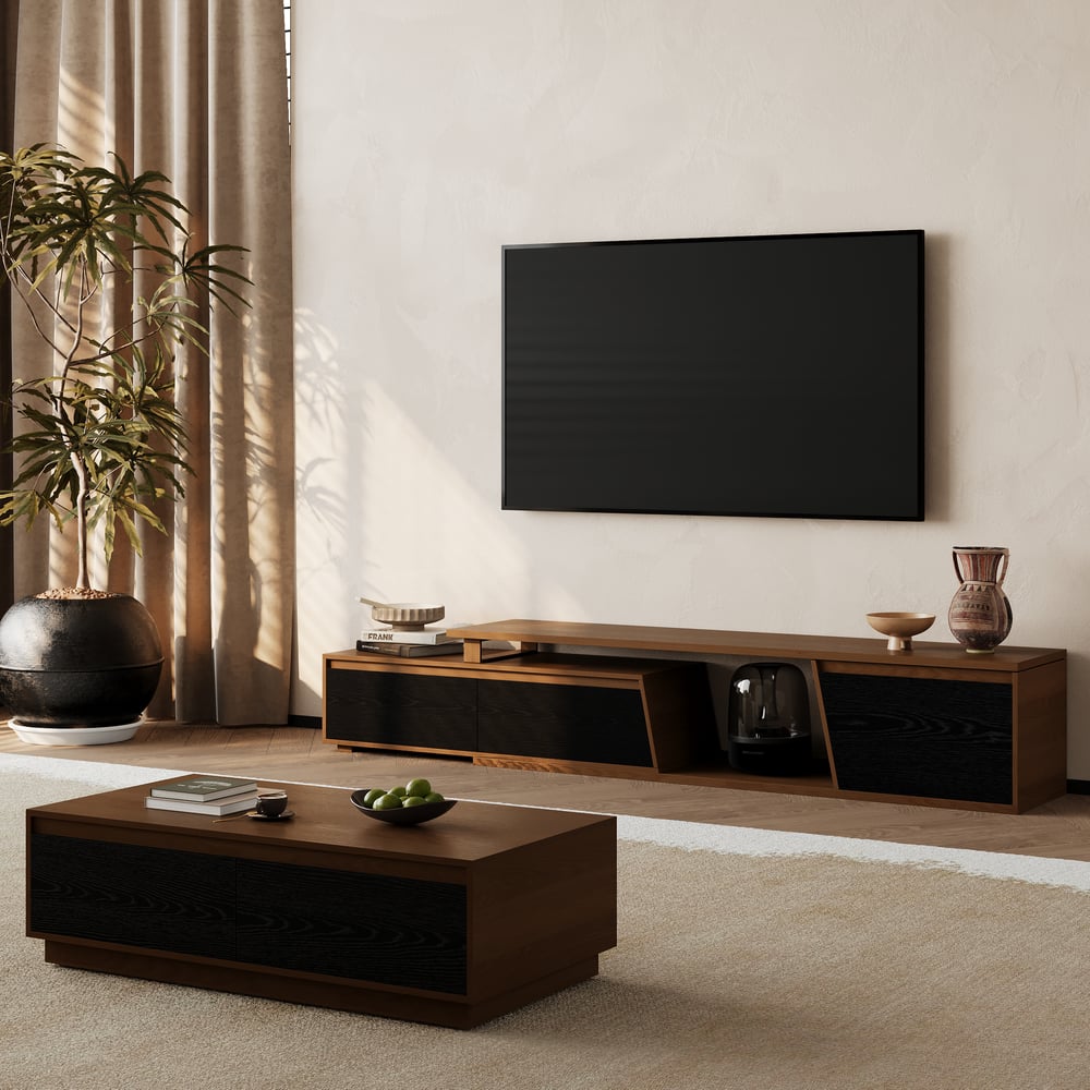 Fero Black & WalnutReversible Extendable TV Stand with 3 Drawers(71"-120") window image