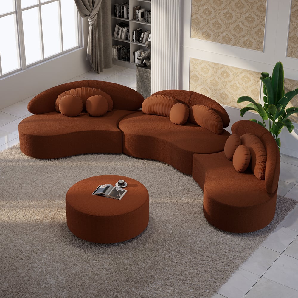 4-Piece Curved Boucle Sectional Sofa with Ottoman & Pillows window image