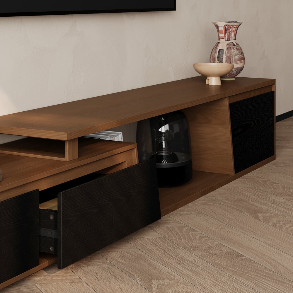 Fero Black & WalnutReversible Extendable TV Stand with 3 Drawers(71"-120") window image