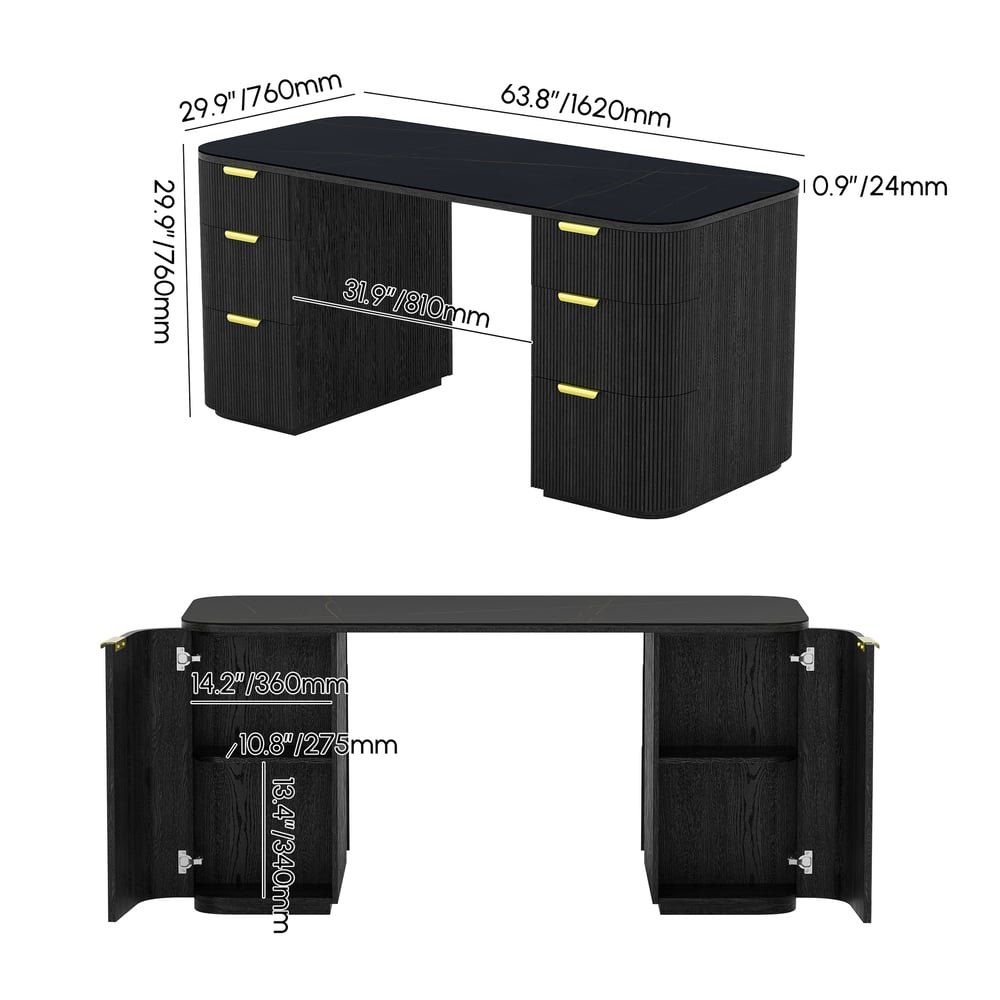 Bureau rectangulaire moderne en bois noir et pierre frittée noire mate avec 6 tiroirs (1620 mm) Poids, dimensions, image