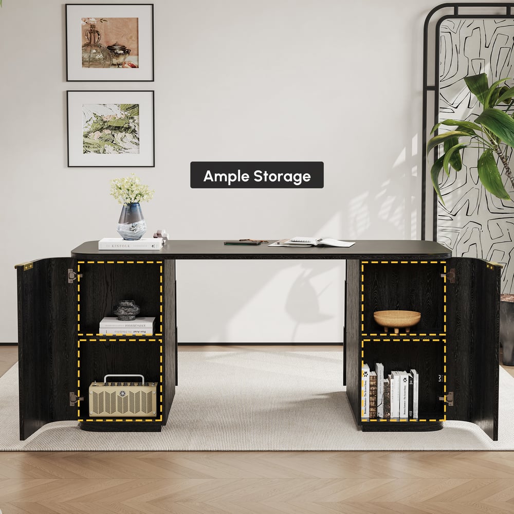 Bureau rectangulaire moderne en bois noir et pierre frittée noire mate avec 6 tiroirs (1620 mm) image de fenêtre