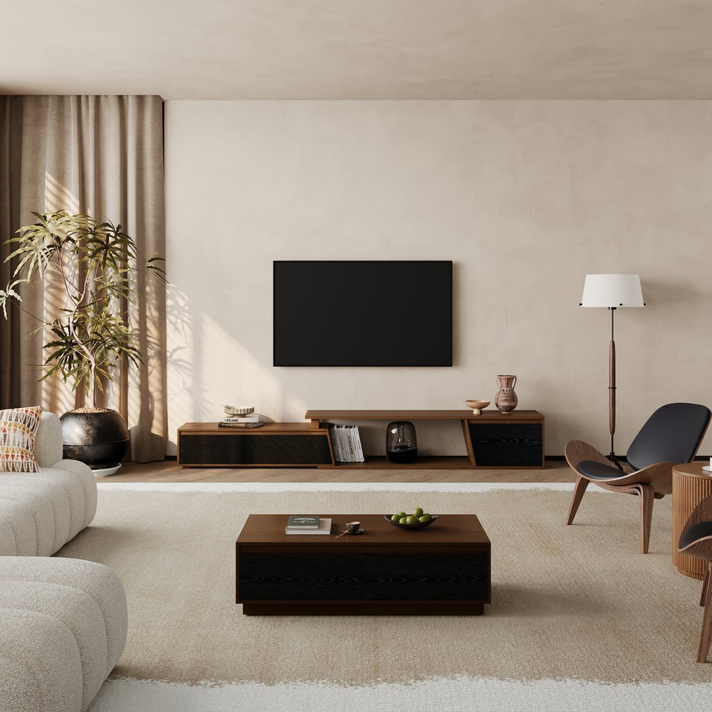 Fero Black & Walnut Extendable TV Stand with 3 Drawers(1800mm-3048mm) window image