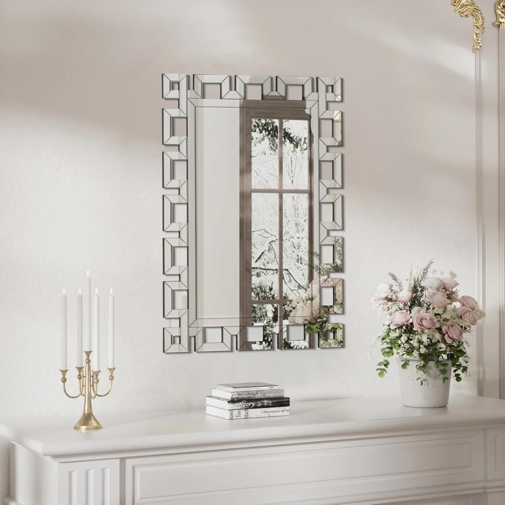Rectangular 35" Decorative Wall Mirror with Geometric Beveled Frame window image