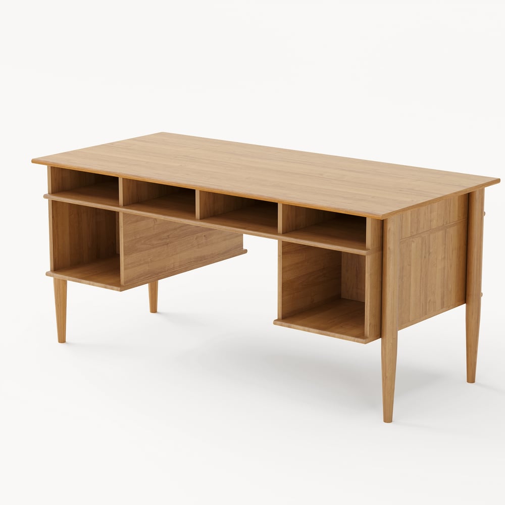 Mesa de escritório doméstico de madeira natural em estilo de meados do século de 1625 mm com 6 gavetas Imagem da janela