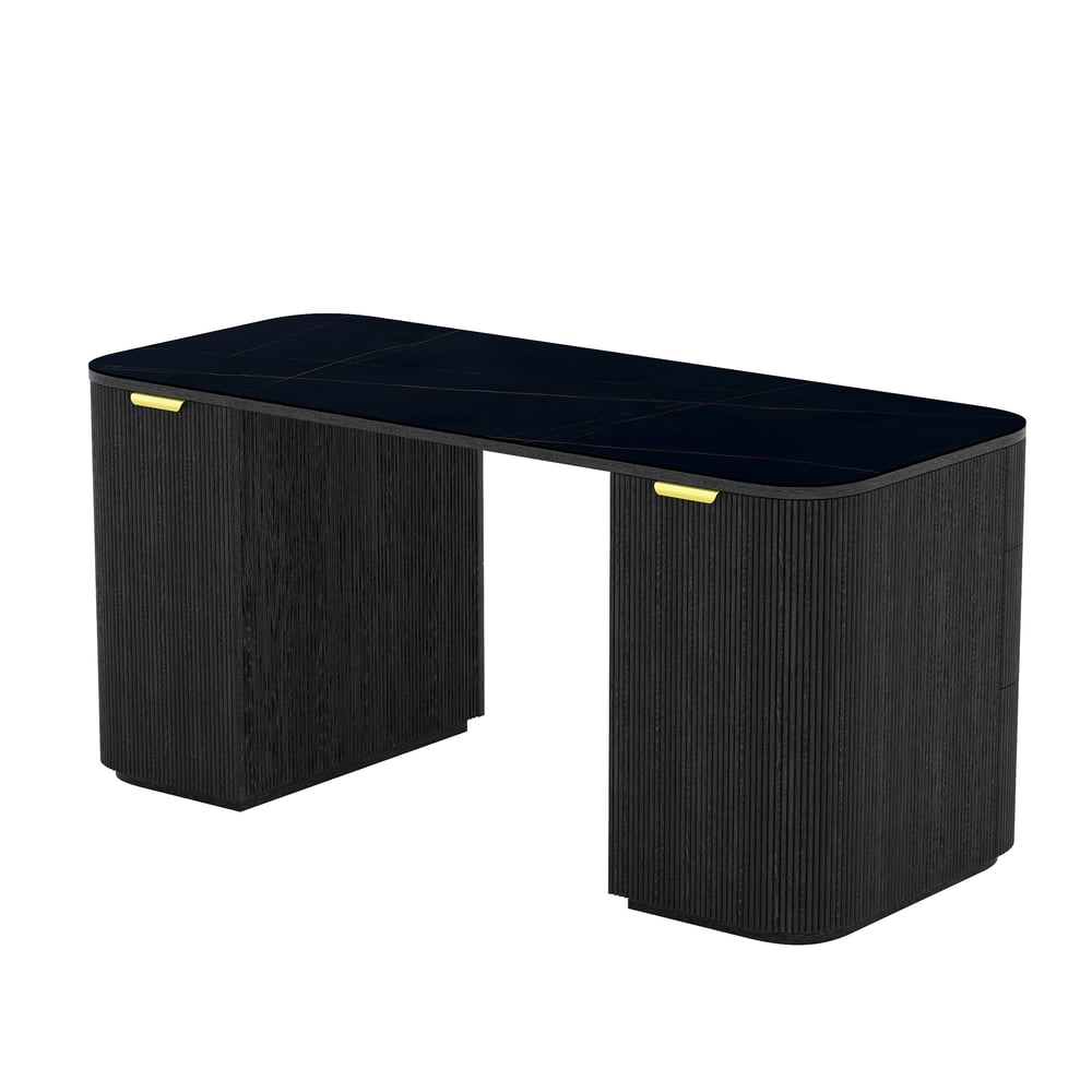 Bureau rectangulaire moderne en bois noir et pierre frittée noire mate avec 6 tiroirs (1620 mm) image de fenêtre