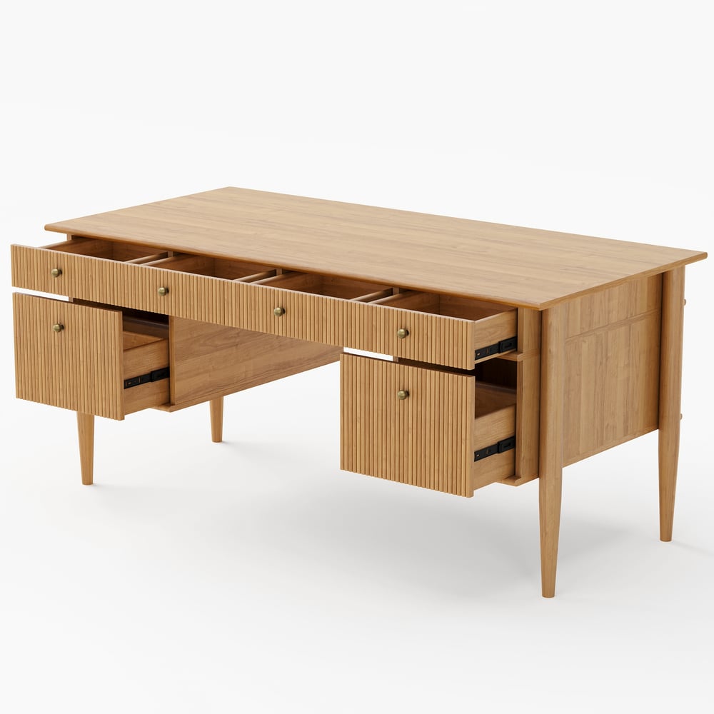 Mesa de escritório doméstico de madeira natural em estilo de meados do século de 1625 mm com 6 gavetas Imagem da janela