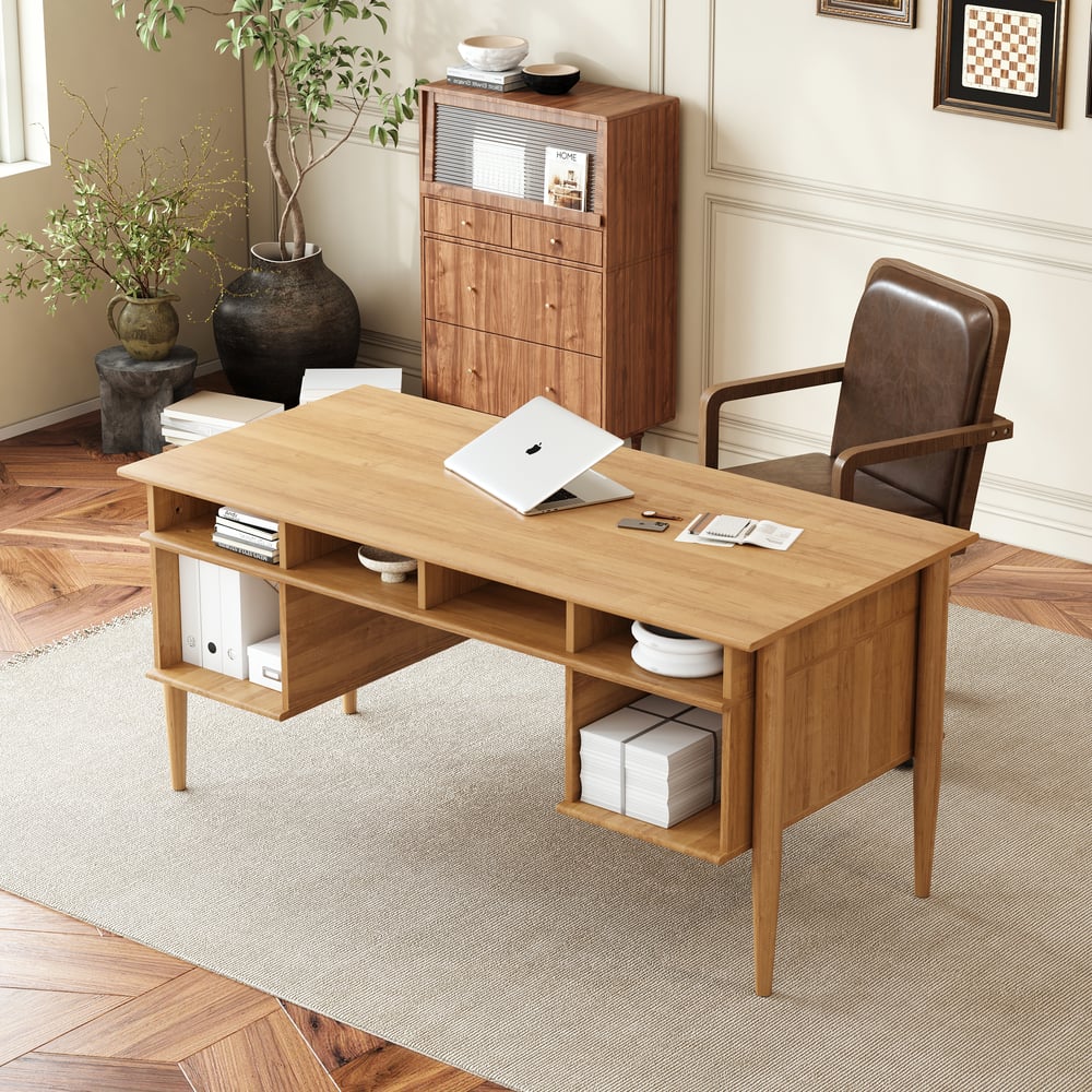 Mesa de escritório doméstico de madeira natural em estilo de meados do século de 1625 mm com 6 gavetas Imagem da janela