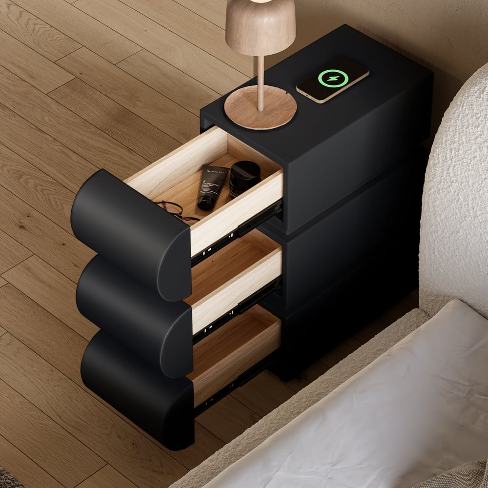 Wąska skórzana inteligentna szafka nocna z 3 szufladami obraz okna