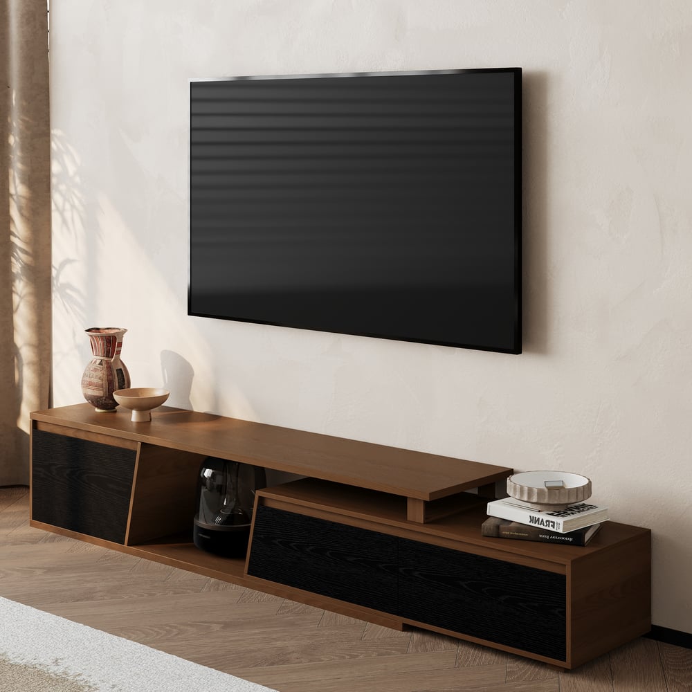 Fero Black & WalnutReversible Extendable TV Stand with 3 Drawers(71"-120") window image