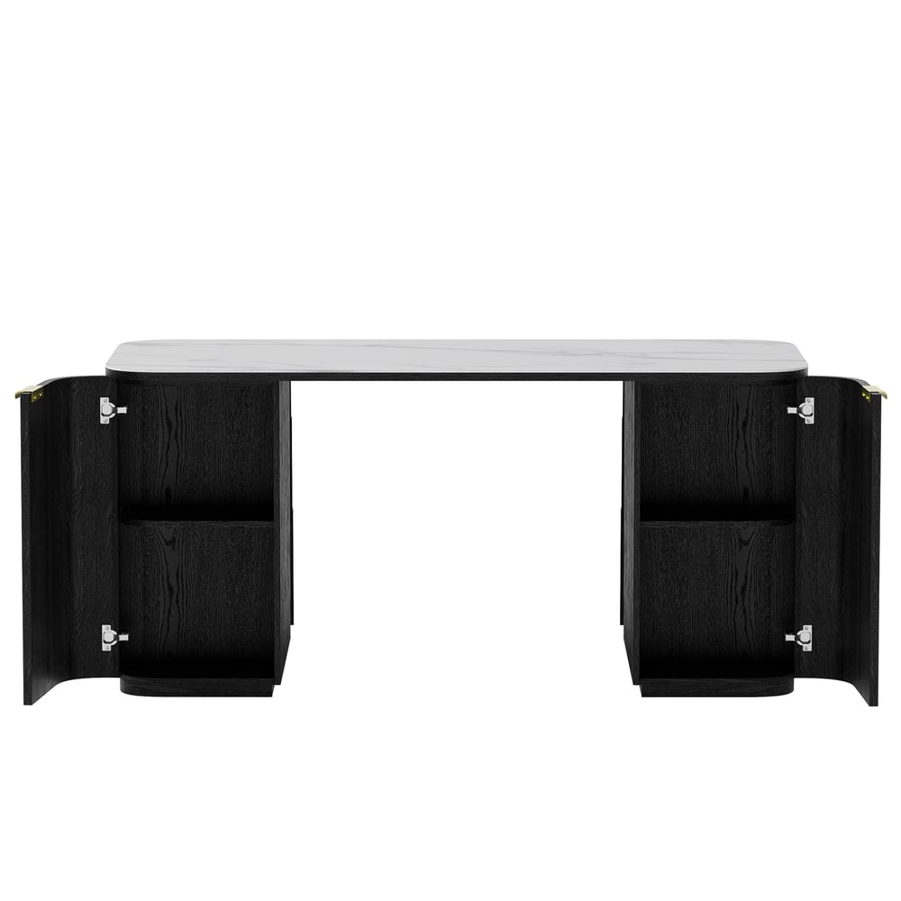 Moderner rechteckiger Schreibtisch aus schwarzem Holz und glänzendem weißem Sinterstein mit 6 Schubladen (1620 mm) Schaufensterbilder