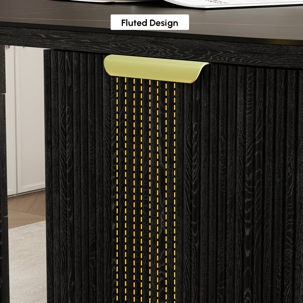 Bureau rectangulaire moderne en bois noir et pierre frittée noire mate avec 6 tiroirs (1620 mm) image de fenêtre