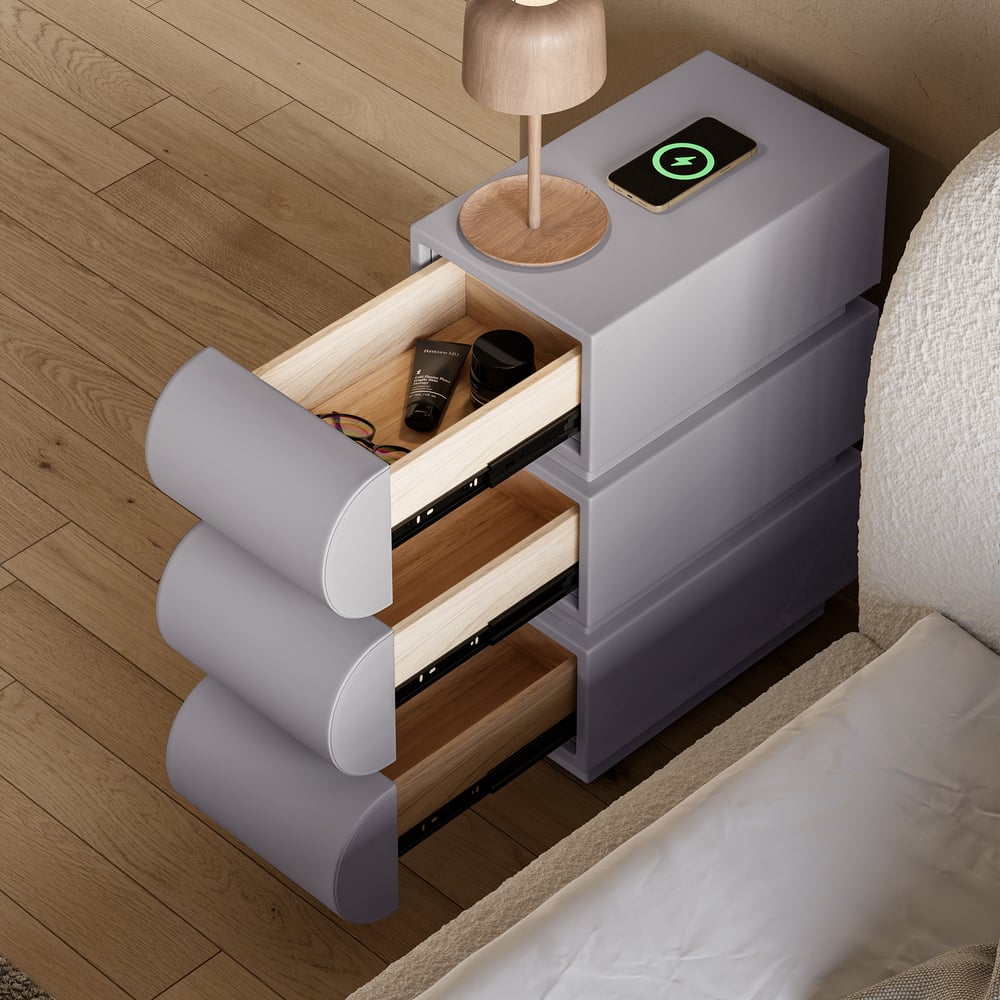 Narrow Humply Leather 3-Drawer Smart Nightstand window image