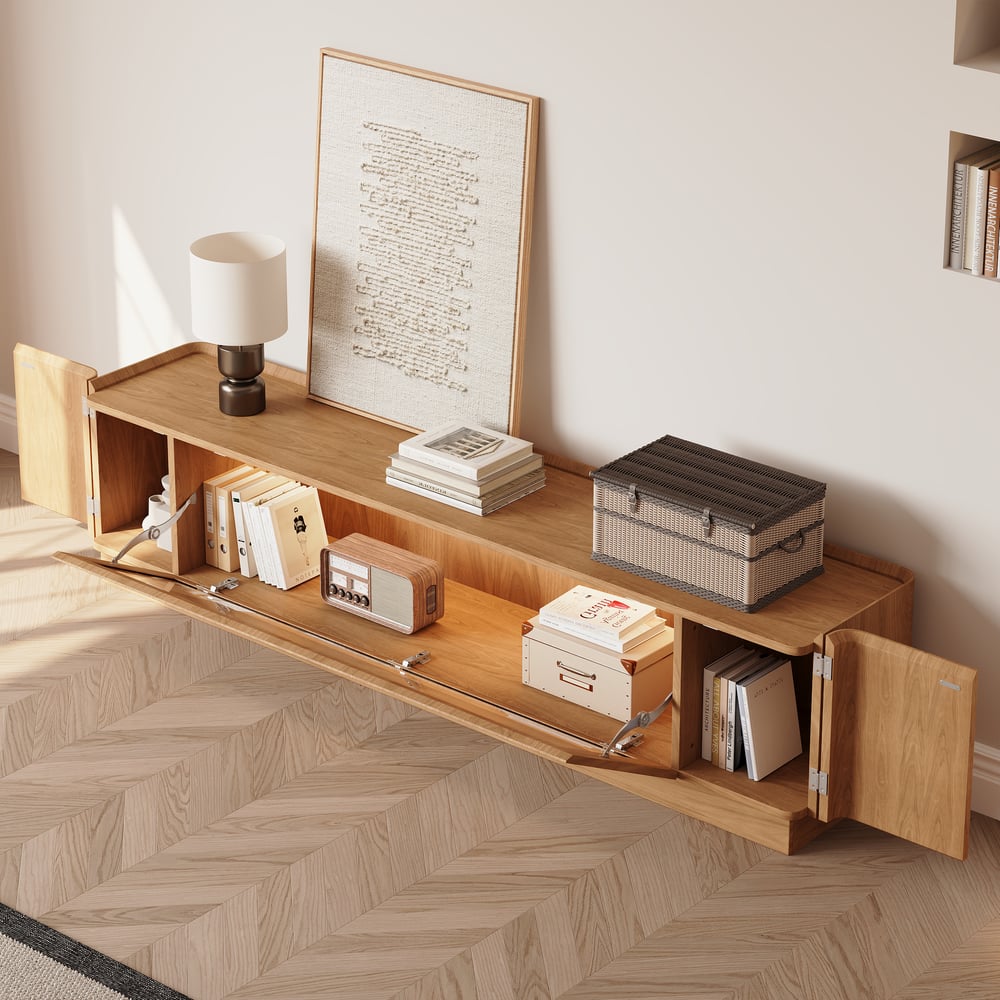 79" Natural Glass Door TV Stand with Storage and LED window image