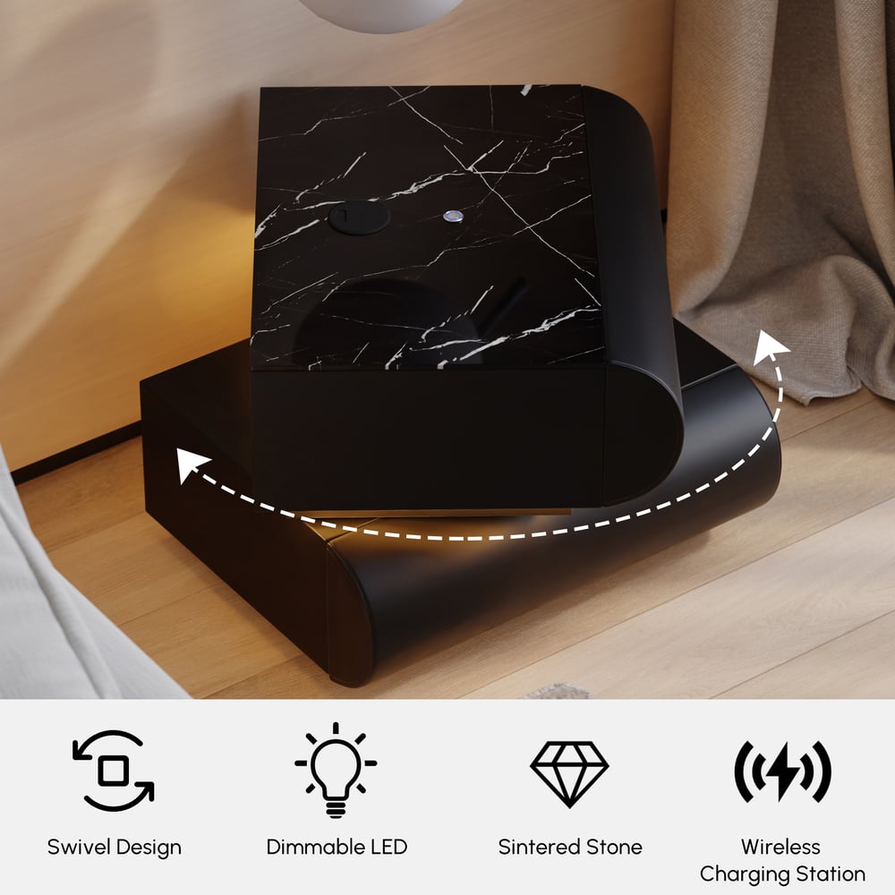 Humply Leather 2-Drawer Smart LED Nightstand with Sintered Stone Top window image
