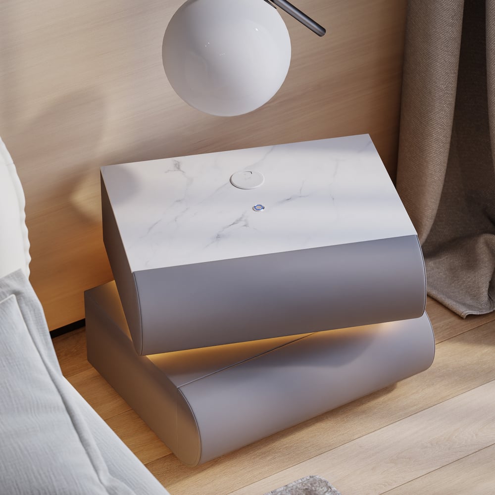 Mesa de cabeceira Humply em pele sintética com luz LED e 2 gavetas, conjunto de 2 Imagem da janela