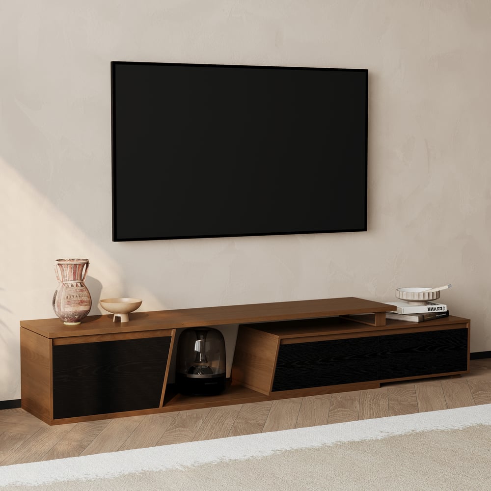 Fero Black & WalnutReversible Extendable TV Stand with 3 Drawers(71"-120") window image